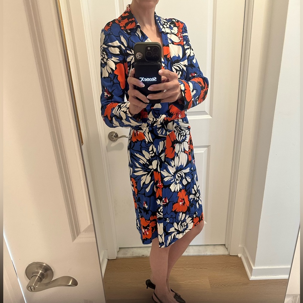 Diane Von Furstenberg Red Blue Black White Pattern Tie-Waist Midi Dress sz 12 14 - Picture 2 of 7